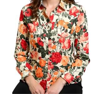 Talbots Petite 100% Botanical Floral Rose Print button down Shirt Size 12P